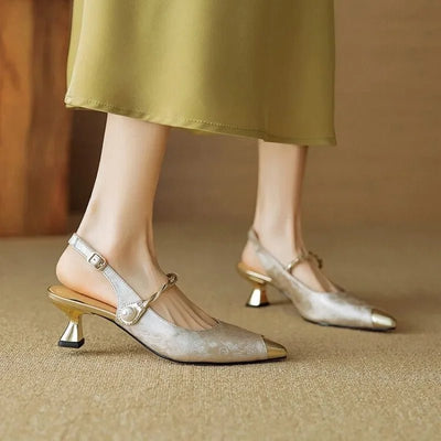 Amelie | Damen Spitzschuh Kitten-Heel Slingback-Pumps Jacquard Perlenriemen