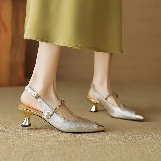 Amelie | Damen Spitzschuh Kitten-Heel Slingback-Pumps Jacquard Perlenriemen