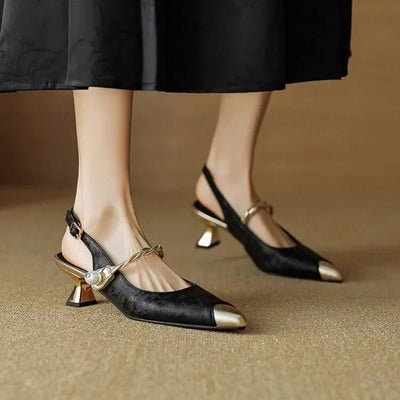 Amelie | Damen Spitzschuh Kitten-Heel Slingback-Pumps Jacquard Perlenriemen