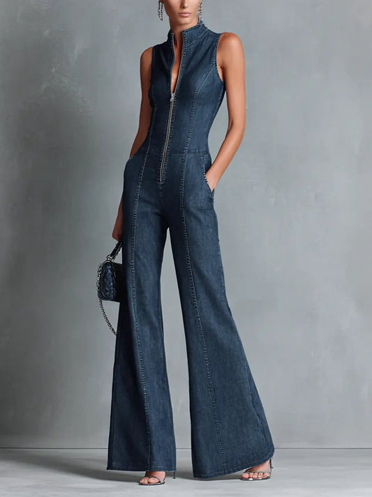 Greta | Damen Stretch-Denim Schlaghose Overall Reißverschluss
