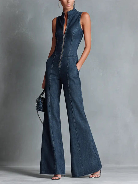 Greta | Damen Stretch-Denim Schlaghose Overall Reißverschluss