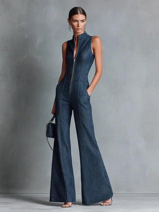 Greta | Damen Stretch-Denim Schlaghose Overall Reißverschluss