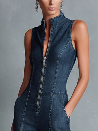 Greta | Damen Stretch-Denim Schlaghose Overall Reißverschluss