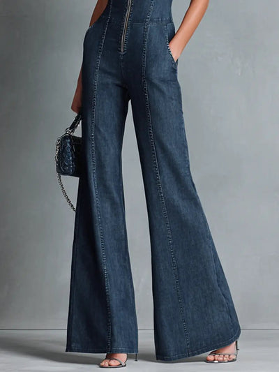 Greta | Damen Stretch-Denim Schlaghose Overall Reißverschluss