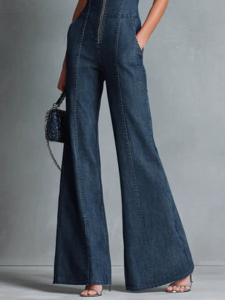 Greta | Damen Stretch-Denim Schlaghose Overall Reißverschluss