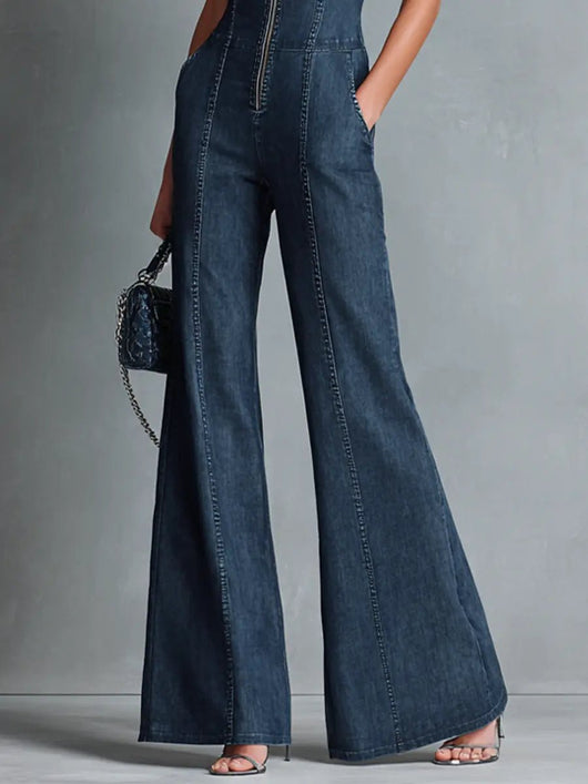 Greta | Damen Stretch-Denim Schlaghose Overall Reißverschluss