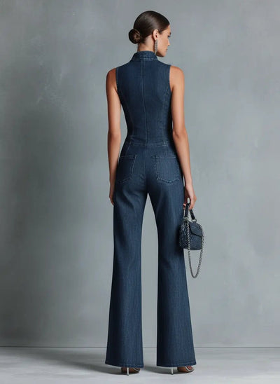 Greta | Damen Stretch-Denim Schlaghose Overall Reißverschluss