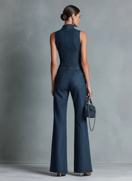 Greta | Damen Stretch-Denim Schlaghose Overall Reißverschluss