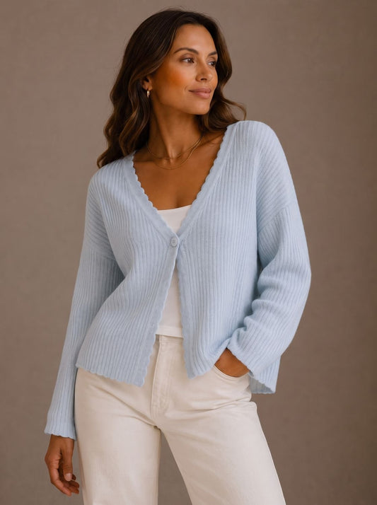Elisabeth | Damen Strick-Cardigan V-Ausschnitt Einknopf Wellenkante