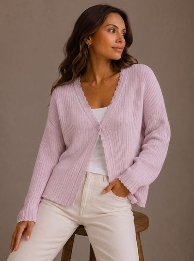 Elisabeth | Damen Strick-Cardigan V-Ausschnitt Einknopf Wellenkante