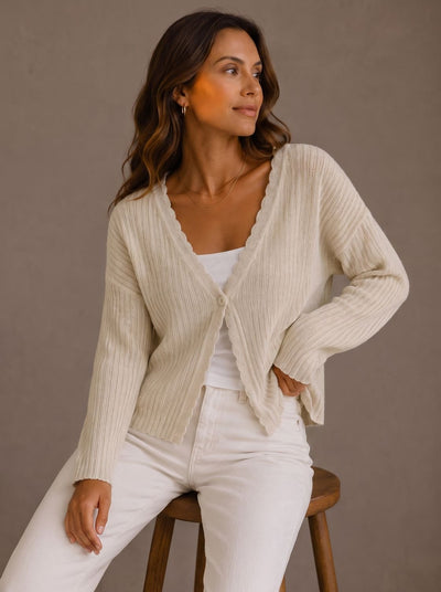 Elisabeth | Damen Strick-Cardigan V-Ausschnitt Einknopf Wellenkante