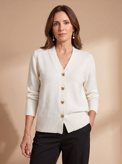 Katharina | Damen Strickjacke V-Ausschnitt Langarm Cardigan Goldene Herz-Knöpfe