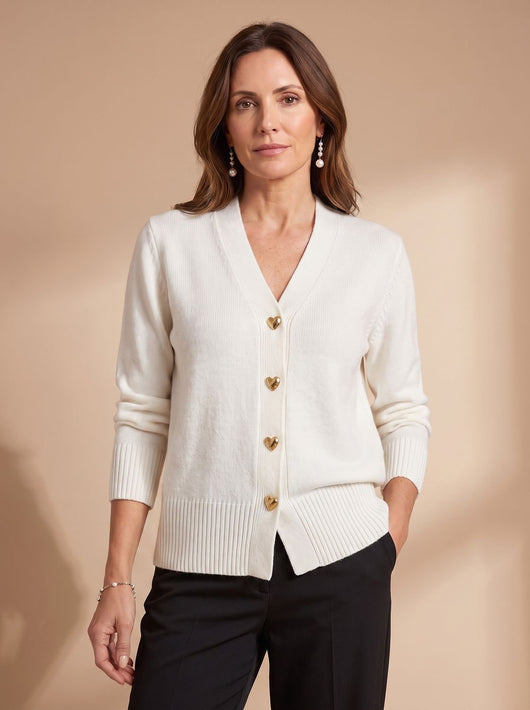Katharina | Damen Strickjacke V-Ausschnitt Langarm Cardigan Goldene Herz-Knöpfe