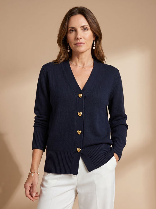 Katharina | Damen Strickjacke V-Ausschnitt Langarm Cardigan Goldene Herz-Knöpfe