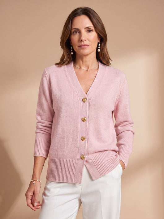 Katharina | Damen Strickjacke V-Ausschnitt Langarm Cardigan Goldene Herz-Knöpfe