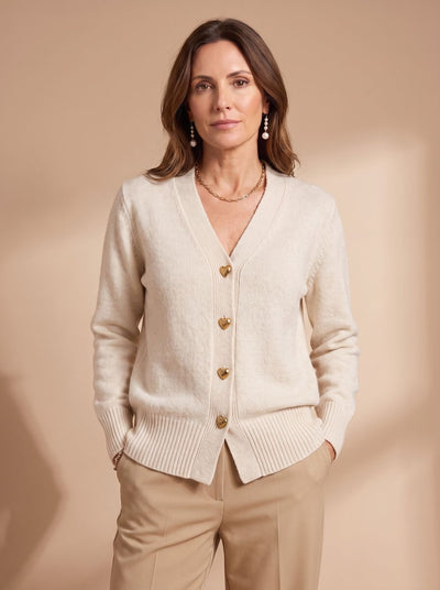 Katharina | Damen Strickjacke V-Ausschnitt Langarm Cardigan Goldene Herz-Knöpfe