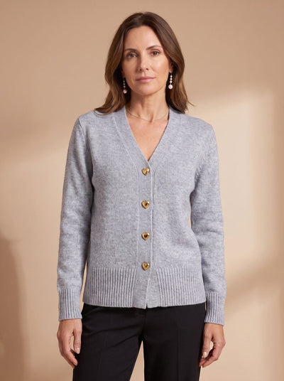 Katharina | Damen Strickjacke V-Ausschnitt Langarm Cardigan Goldene Herz-Knöpfe
