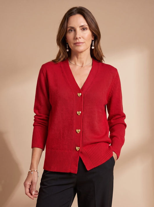 Katharina | Damen Strickjacke V-Ausschnitt Langarm Cardigan Goldene Herz-Knöpfe