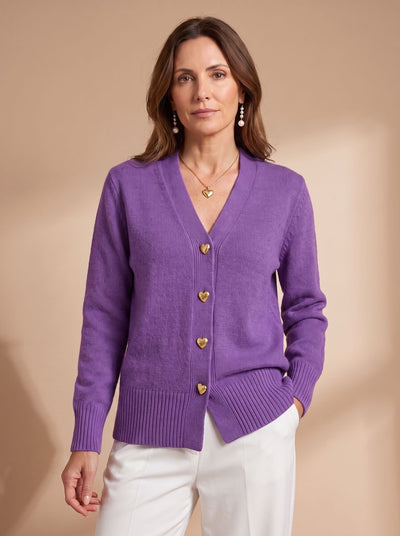Katharina | Damen Strickjacke V-Ausschnitt Langarm Cardigan Goldene Herz-Knöpfe