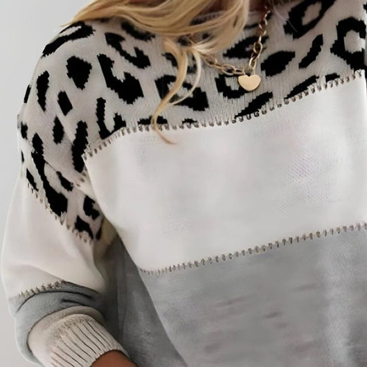 Sophie | Damen Strickpullover mit Leopardenmuster Colorblock Rundhals