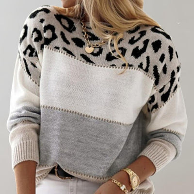Sophie | Damen Strickpullover mit Leopardenmuster Colorblock Rundhals