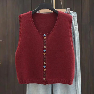 Amelie | Damen Strickweste Ärmelloser Pullover Weste Bunte Knöpfe