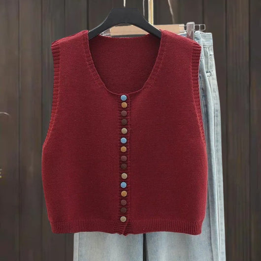 Amelie | Damen Strickweste Ärmelloser Pullover Weste Bunte Knöpfe
