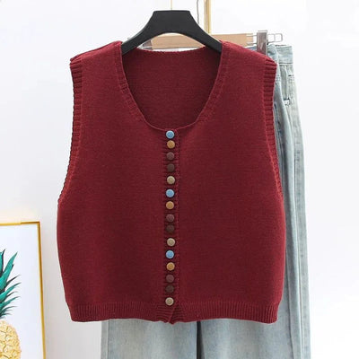 Amelie | Damen Strickweste Ärmelloser Pullover Weste Bunte Knöpfe
