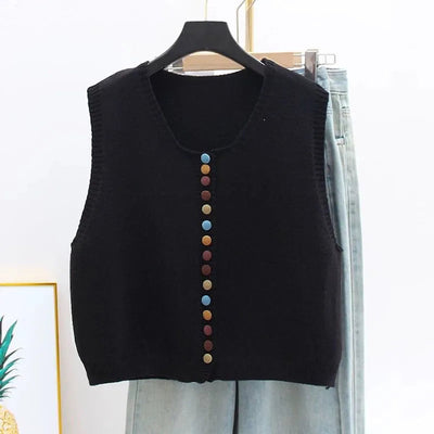 Amelie | Damen Strickweste Ärmelloser Pullover Weste Bunte Knöpfe