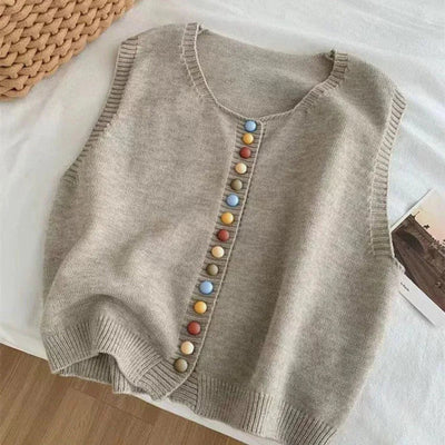 Amelie | Damen Strickweste Ärmelloser Pullover Weste Bunte Knöpfe