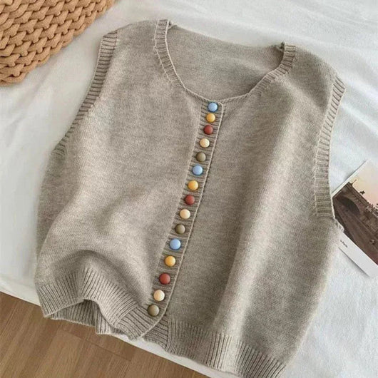 Amelie | Damen Strickweste Ärmelloser Pullover Weste Bunte Knöpfe