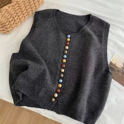 Amelie | Damen Strickweste Ärmelloser Pullover Weste Bunte Knöpfe