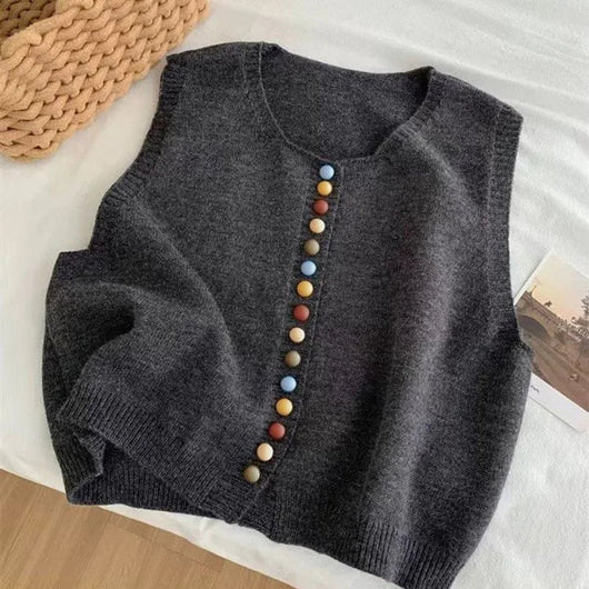 Amelie | Damen Strickweste Ärmelloser Pullover Weste Bunte Knöpfe