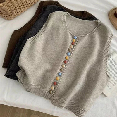 Amelie | Damen Strickweste Ärmelloser Pullover Weste Bunte Knöpfe
