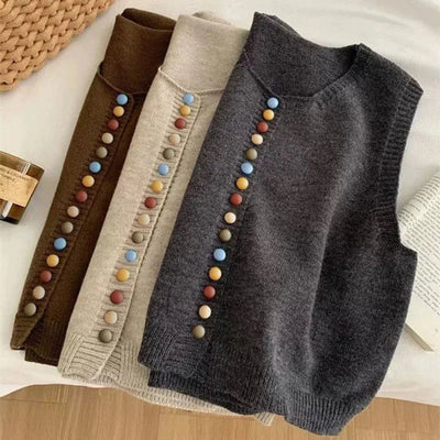 Amelie | Damen Strickweste Ärmelloser Pullover Weste Bunte Knöpfe