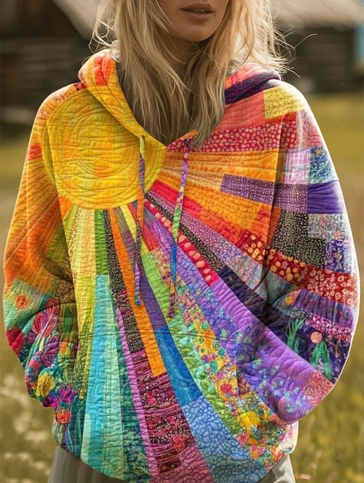 Luisa | Damen Sweater Bunter Patchwork Kapuzenpullover Boho Sonnenmuster
