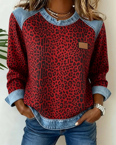 Charlotte | Damen Sweater Leopardenmuster Denim Patchwork Langarm Rundhals Sweatshirt
