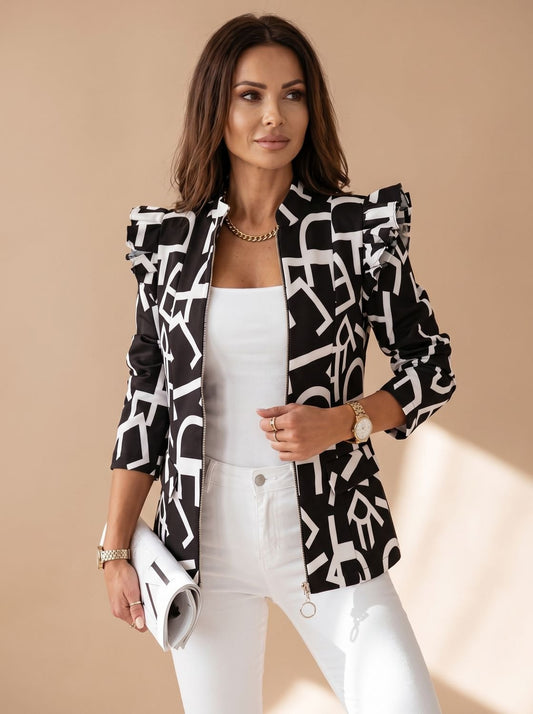 Amelie | Damen Taillierte Blazer-Jacke mit Rüschenärmeln Grafik-Print Reißverschluss