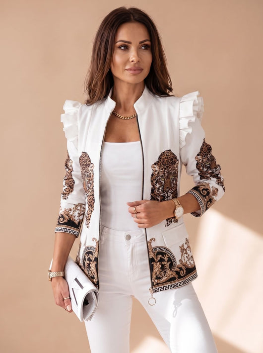 Amelie | Damen Taillierte Blazer-Jacke mit Rüschenärmeln Grafik-Print Reißverschluss