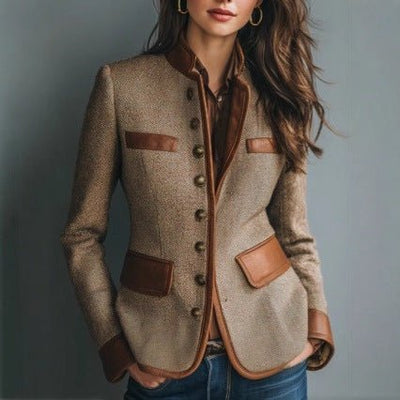 Marlene | Damen Taillierter Tweed-Blazer Kunstleder-Besatz Knopfleiste