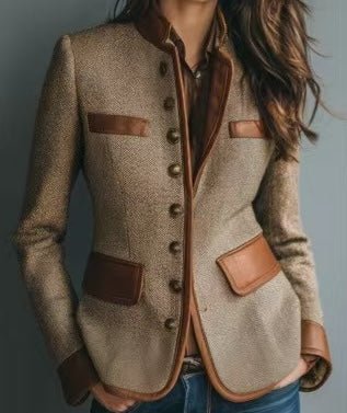 Marlene | Damen Taillierter Tweed-Blazer Kunstleder-Besatz Knopfleiste