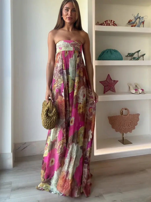 Johanna | Damen Trägerlos Blumenmuster Maxi Hochzeitsgast Kleid