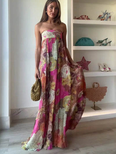 Johanna | Damen Trägerlos Blumenmuster Maxi Hochzeitsgast Kleid