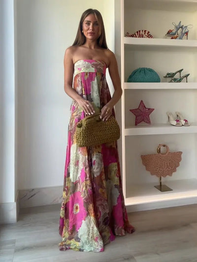 Johanna | Damen Trägerlos Blumenmuster Maxi Hochzeitsgast Kleid