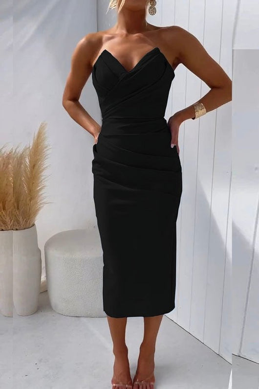 Marie | Damen Trägerlos Figurbetontes Cocktail Midi-Kleid