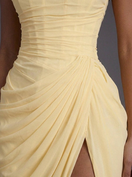 Annika | Damen Trägerlos Korsett Gerafft Maxi Hochzeitsgast Kleid
