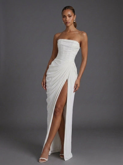 Annika | Damen Trägerlos Korsett Gerafft Maxi Hochzeitsgast Kleid