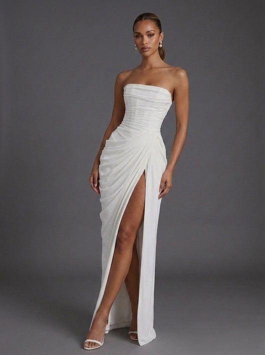 Annika | Damen Trägerlos Korsett Gerafft Maxi Hochzeitsgast Kleid