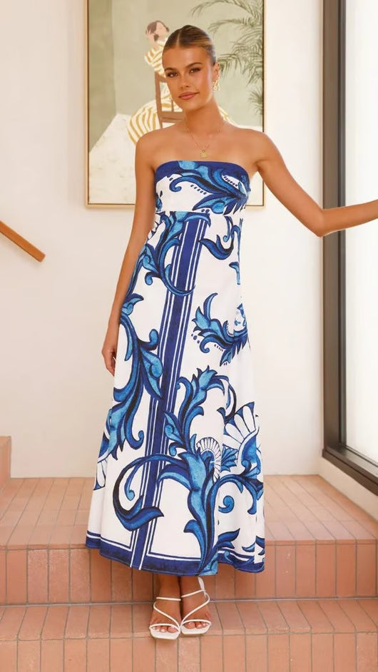 Hannah | Damen Trägerlos Vintage-Print Maxi-Kleid