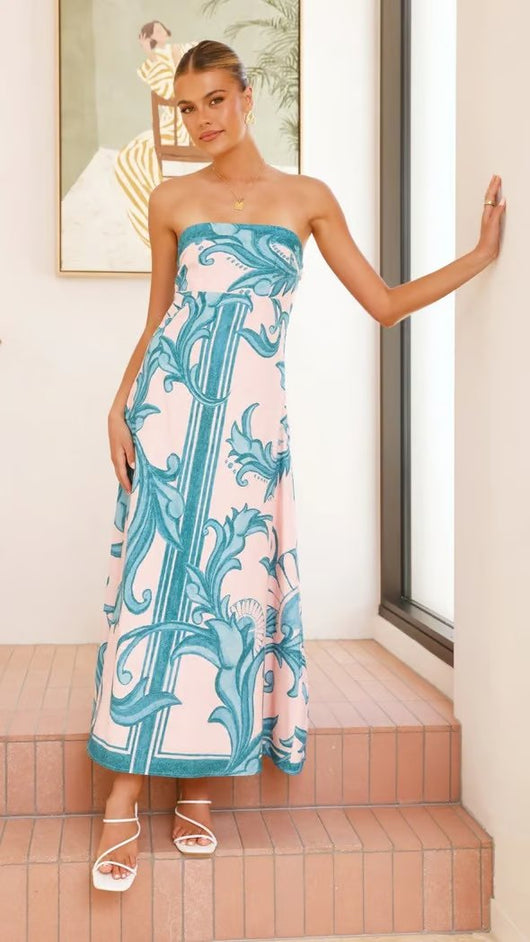 Hannah | Damen Trägerlos Vintage-Print Maxi-Kleid